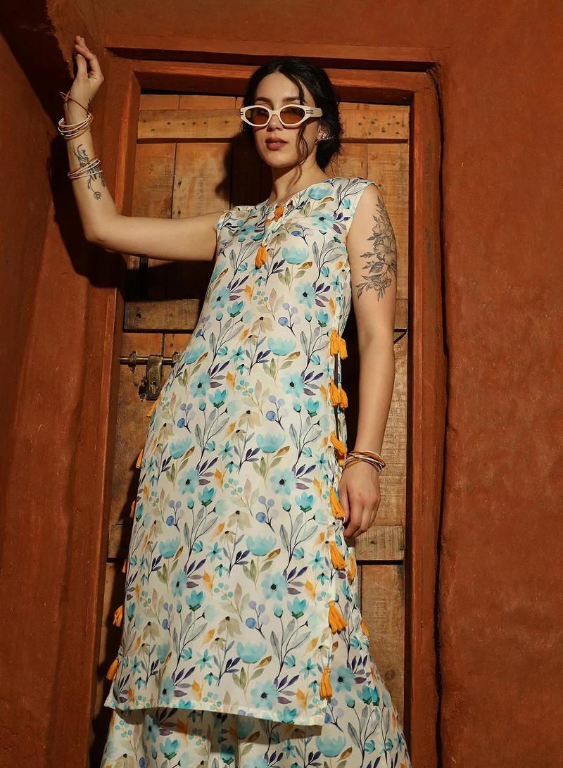 Qissa  Women's Multicolour Floral Tassel Kurta With Palazzo For Casual Wear | Mandarin Collar | Sleevesless | 2 Piece Kurta Set Designed With Comfort Fit For Everyday Ethnic Wear for Women | Best Price UAE